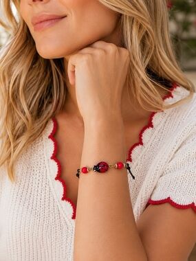 Vintage Hand Blown Glass Ladybug Bracelet Adjustable Black Cord Red Lucky Charm